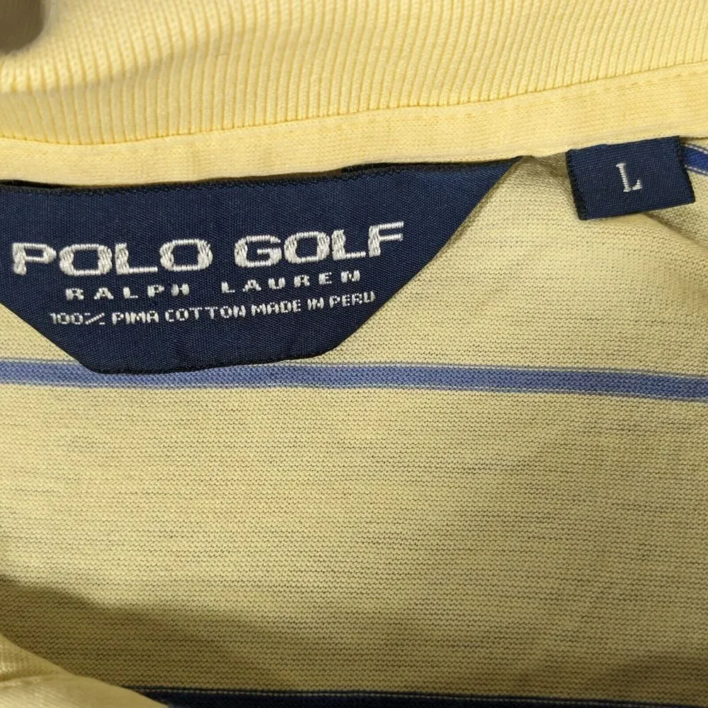 Ralph Lauren Polo Golf Shirt Mens Size L Yellow Blue Stripe Blue Pony Pine Tree